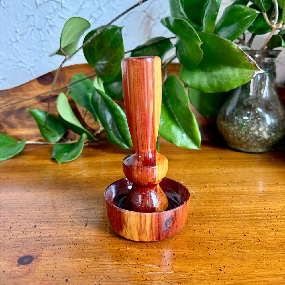 Vintage Turned Wood Candle Holder Handmade Rustic Wooden Candlestick MCM Decor